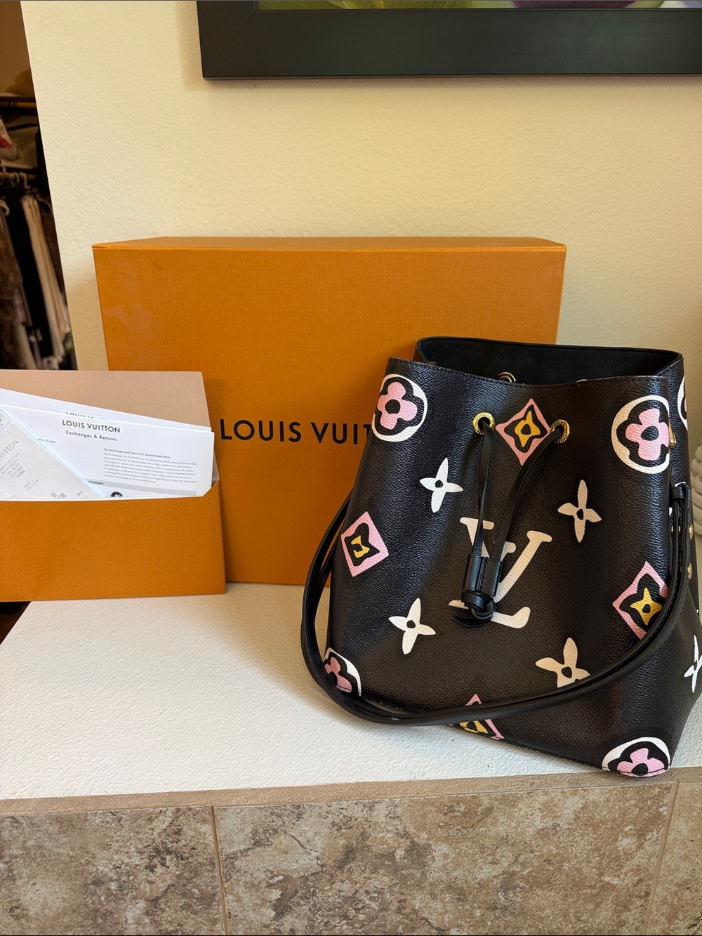 Louis Vuitton Black Pink & White Monogram Drawstring Bucket Bag